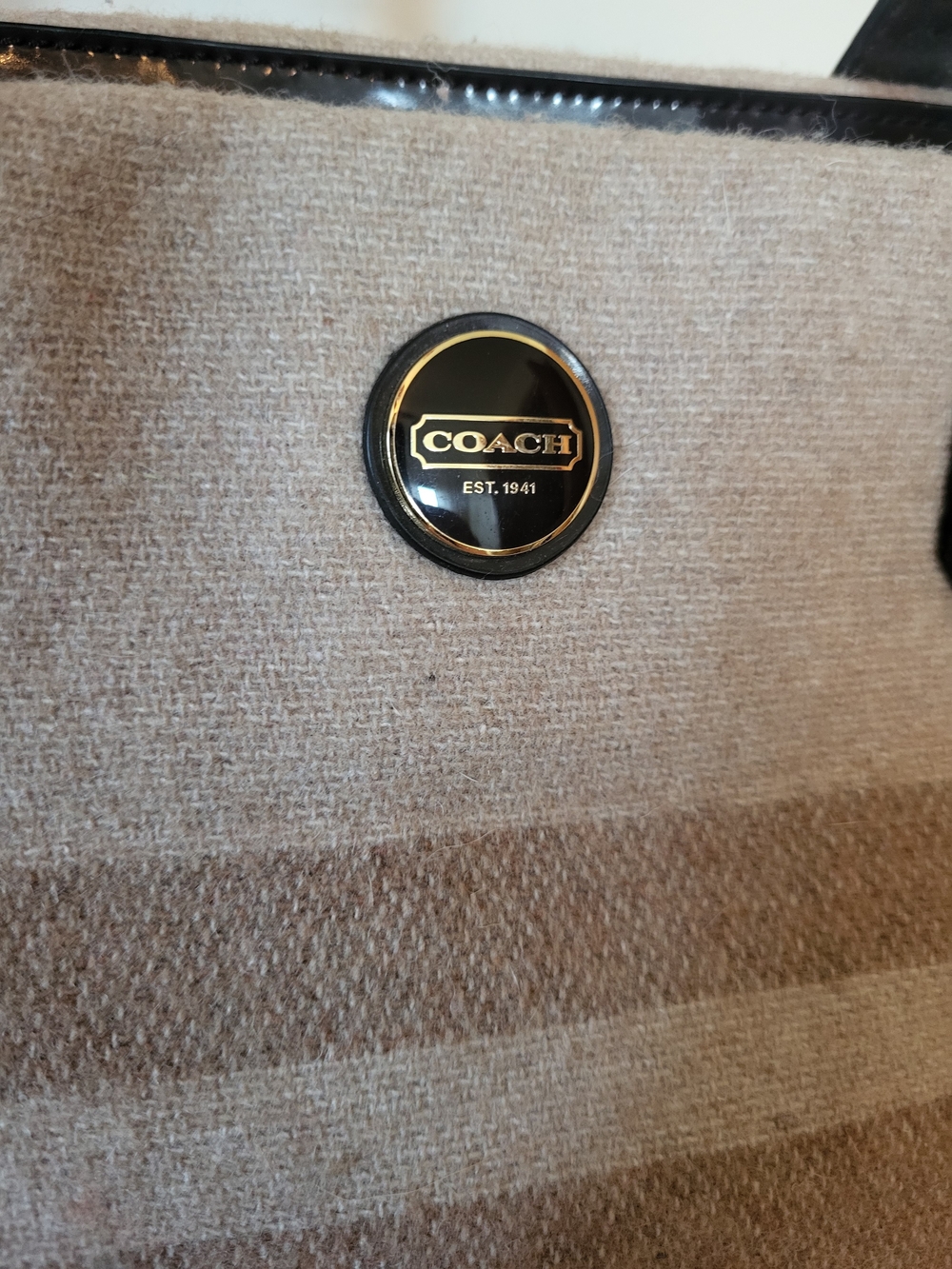 Coach Signature Stripe Wool Tote Bag with Brown Patent Handles - Picture 2 of 6